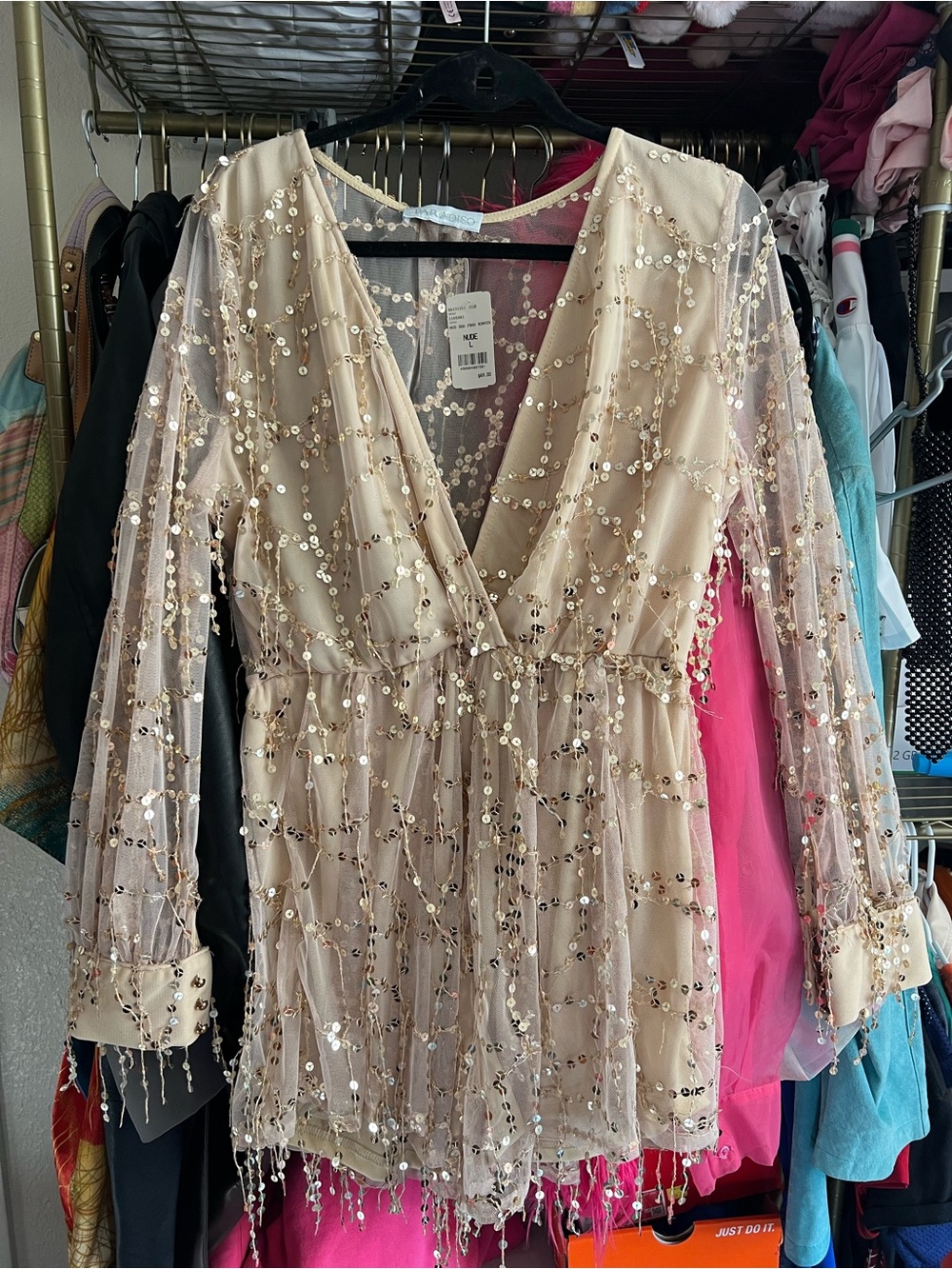Beige Sequin Mesh V-Neck Romper